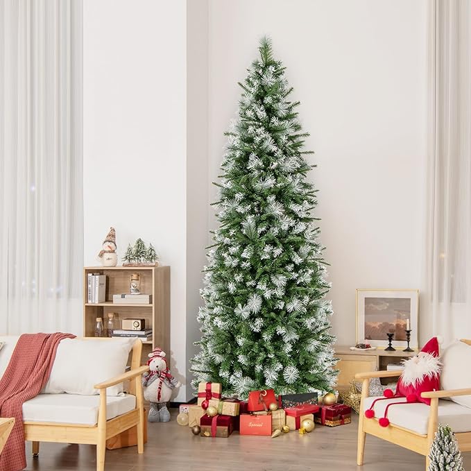 GOFLAME 7.5 FT Pre-Lit Pencil Christmas Tree Snow Flocked, Slim Artificial Xmas Tree with 820 Branch Tips, 350 Warm White LED Lights, Holiday Decoration Tree for Home Party Office