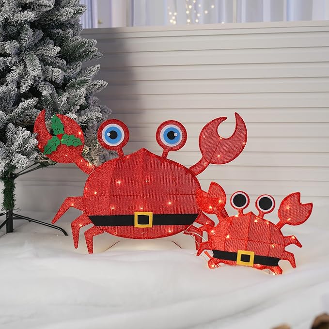 Dazzle Bright Christmas Outdoor Decorations Yard, 2 Piece Battery Operated Lighted Crab 50 LED Lights with 8 Lighting Modes, Light Up 2D Crab for Xmas Holiday Front Garden Patio Lawn Decor