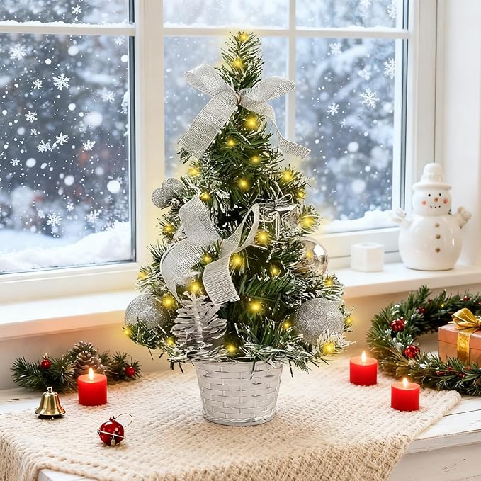 FR 12 Inch Tabletop Christmas Tree,Wintry Pine,Decorated with Pine Cones Berry Clusters,with LED Lights,for Desktop Centrepiece,Mantelpiece,Indoor DIY Christmas Decoration/Silver