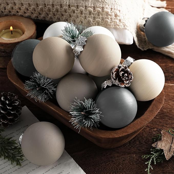 24 Pcs Neutral Matte Christmas Ball Ornaments 2.4 Inch Rustic Boho Gray Charcoal Beige White Xmas Bulbs Ornament Vintage Xmas Baubles Modern Christmas Decor for Tree Farmhouse Decor