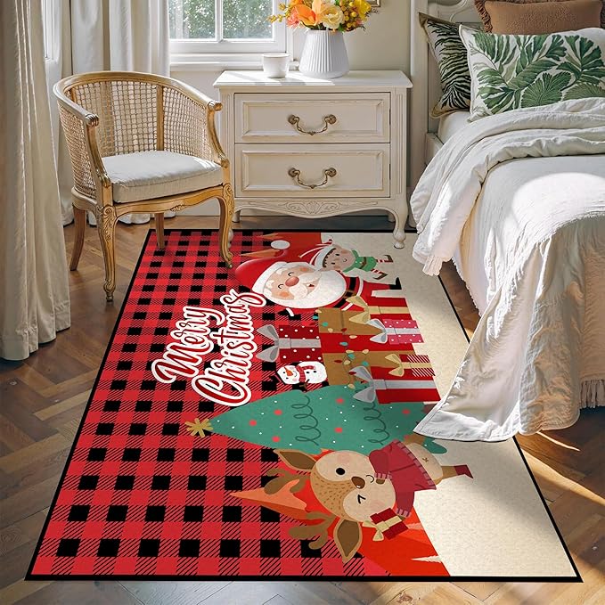 Christmas Area Rugs,Xmas Tree Snowflake Non-Slip Washable Rug Indoor Rugs Floor Mats Carpet for Living Room Bedroom Dining Room Home Decor,71" X 47"
