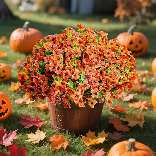 Artificial Fake Plants Flowers for Outdoor Fall Autumn Decoration,16 Bundles Fake Plants UV Resistant No Fade Faux Plastic Greenery Boxwood Porch Patio Fall Mums Home Decor