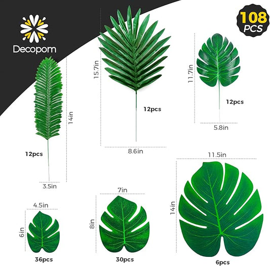 108 Pack Palm Leaves Artificial Tropical Monstera - 6 Kinds Large Small Green Fake Palm Leaf with Stems for Safari Jungle Hawaiian Luau Party Table Decoration Wedding Birthday Theme Party Decorations