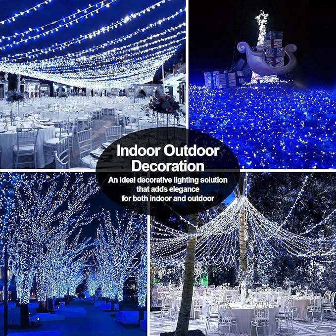 200 FT 500 LED Christmas Lights Outdoor Fairy Lights Plug In Extra Long String Lights Clear Wire Waterproof 8 Modes Timer for Outside House Tree Garden Yard Wedding Party Decorations-Blue & White