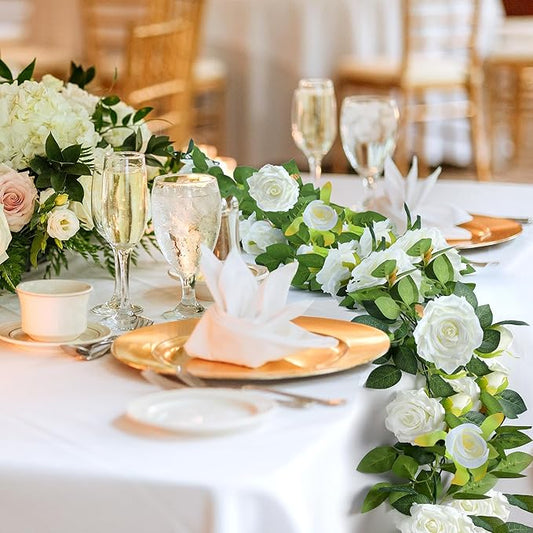 Sggvecsy 6Pcs 46.5Ft Artificial Rose Vine Fake Flower Garland Floral Garland Faux Silk Hanging Vine Rose Ivy Vines for Wedding Arch Party Wall Garden Ceremony Background Outdoor Decor (White)