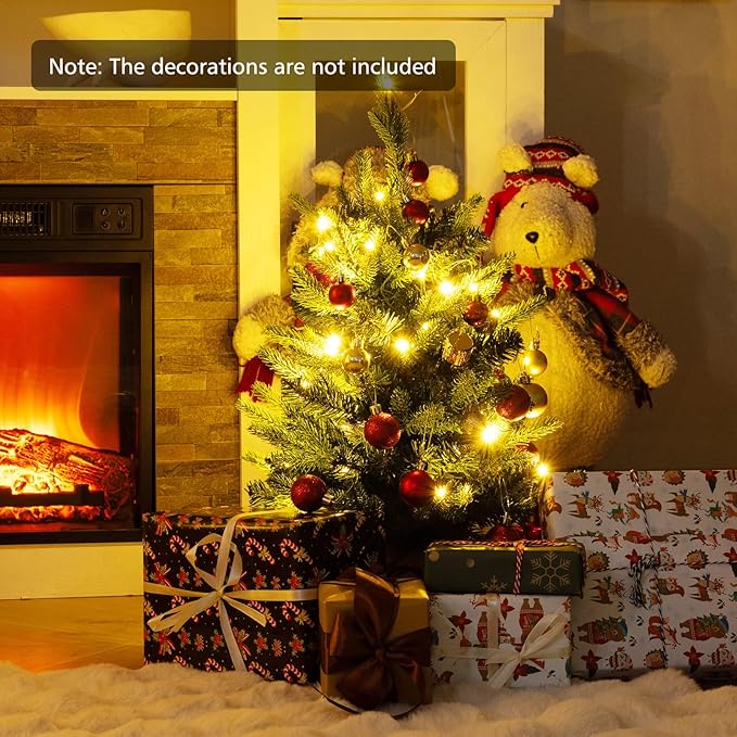 GOFLAME 2FT Pre-Lit Artificial Mini Christmas Tree, Small Tabletop Xmas Fir Tree with 234 Branch Tips, 35 Warm White LED Lights, Timer, Holiday Decoration Tree with Burlap Base