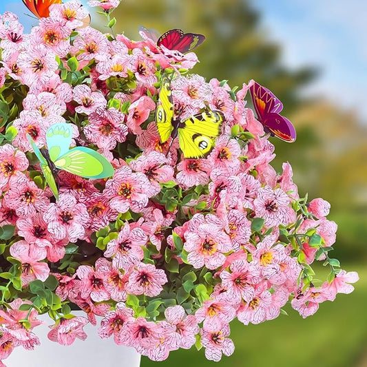 20 Bundles Artificial Flowers for Outdoors with 6 Faux Butterflies, UV Resistant Fake Flowers with Eucalyptus Leaves, Artificial Plants Outdoor for Patio Garden Porch Home Decor (Pink)