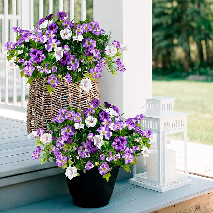 Artificial Flowers for Outdoors 2 Pack UV Resistant Petunias with Real Touch Plastic Leaves, Faux Flowers for Outdoor Planters, Silk Flowers for Outside Garden Porch Window Patio Home Decor, Purple