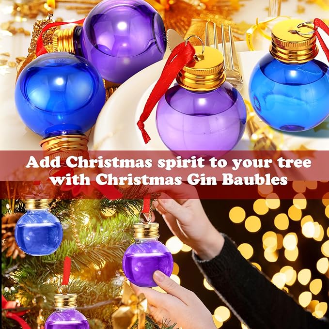 Patelai 24 Pcs Christmas Drink Balls Shot Glass Ornament Plastic Fillable Christmas Tree Ornaments Xmas Water Bottle Bulbs for Holiday Party Indoor Outdoor (Blue,Purple with Gold Lid)