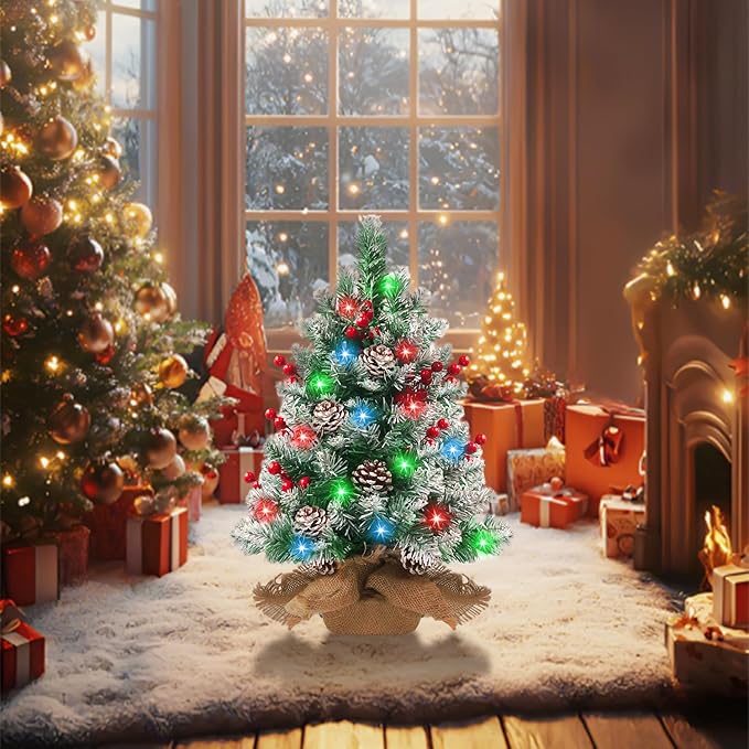 Pre-lit Mini Christmas Tree 20 Inch Small Tabletop Xmas Tree with 30 LED String Lights Locking Snow Frost Tips Berries Wood Base Ornaments Tabletop Artificial Pine Tree for Christmas Decoration