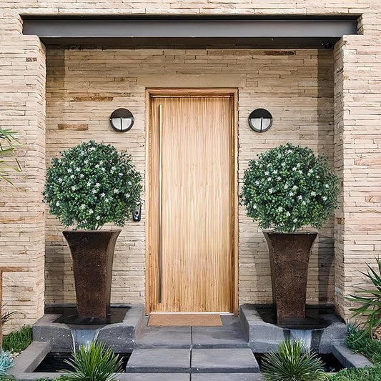 24" Artificial Boxwood Topiary Ball Bush with White Flowers, Set of 2 Artificial Shrub Bushes with Spike, Fake Evergreen Tree for Porch, Artificial Plants for Outdoor Planters Indoor UV Resistant