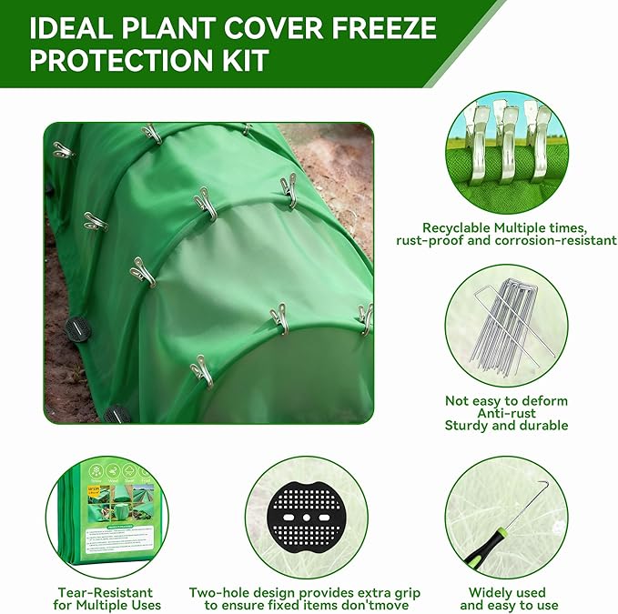 Plant Covers Freeze Protection kit,1.8 oz/yd²-10 ft x 33 ft Thickened Floating Row Cover for Outdoor Plants With 20 clips and 10 stakes staples& gasket & 1 Pick Hook, Winter Frost Protection(Green)