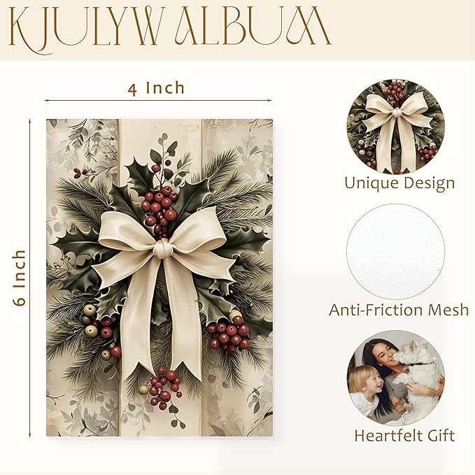 Christmas Photo Albums 4x6 Pictures, Vintage Coquette Bow Xmas Holly Berries Holiday Small Memory Photo Album Book for Baby Family Graduation Wedding Travel Vacation