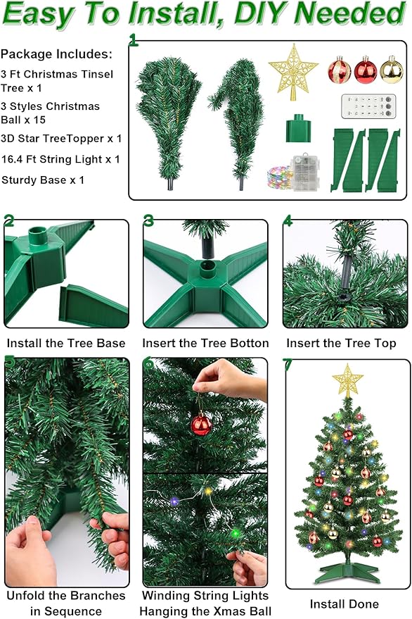 3 Ft Premium Green Christmas Tree 12 Modes Dual Color Change Timer DIY 50 Warm White & Multicolor Lights Star 15 Ball Ornaments Battery Operated Small Artificial Full Xmas Tree Table Home Indoor