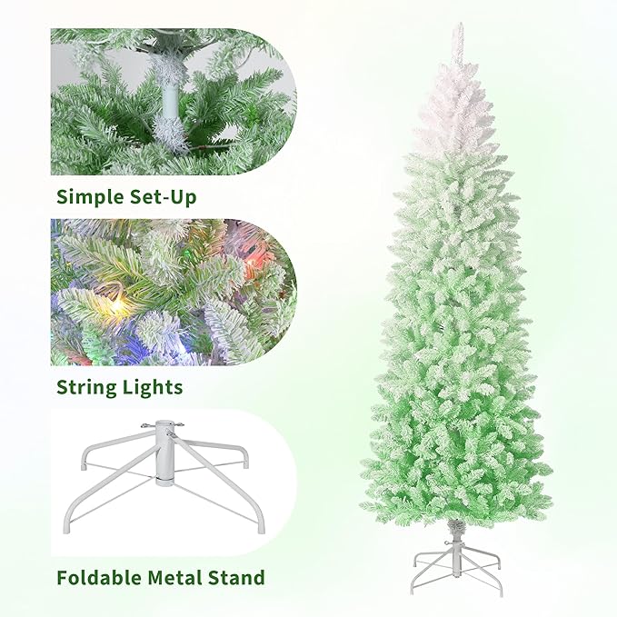 GAOMON 6Ft Pencil Christmas Tree Artificial Slim Xmas Trees Skinny Christmas Tree Decorations Fake Flockeds, White & Green Gradient