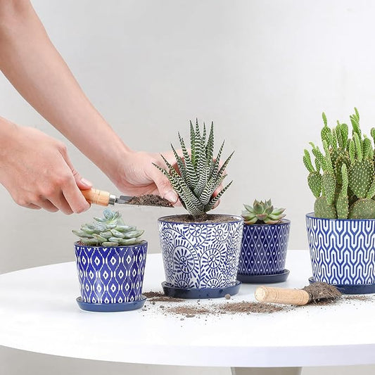 Selamica Ceramic Succulent Pots, 4.3 Inch Small Plant Pots with Drainage Holes and Saucers, Small Flower Pots for Succulent, Cactus, Home Decor, Set of 4, Vintage Blue