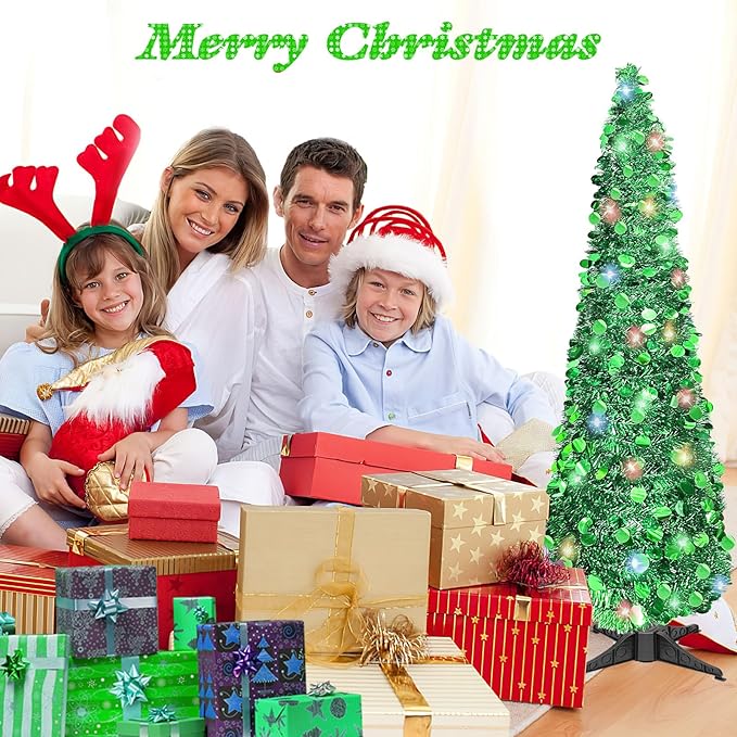 5 FT Pencil Christmas Tree, Collapsible Artificial Sequin Pop Up Christmas Tree, Skinny Pencil Tinsel Christmas Trees, Xmas Tree for Home Apartment Basement Fireplace (Pure Green)