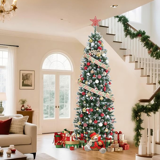 GarveeHome 12 ft Pencil Christmas Tree Pre-lit Slim Holiday Decoration, Skinny Décor LED Lights, Metal Stand,Xmas Tree for Room, Bedroom, Apartment, Outdoor Porch, Office, Green and White