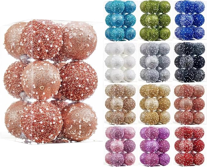 12CT Christmas Ball Ornaments, Rose Gold Christmas Ball Decorations Shatterproof Plastic Hanging Pearl Balls for Holiday Party(70mm/2.76")