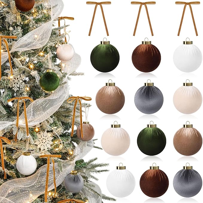 24 Pack Velvet Christmas Tree Ornaments Set, 12 Pcs 3.15 Inch Large Neutral Velvet Christmas Ornaments Hanging Flocked Balls and 12 Pcs Vintage Bows for Xmas Garland Wreath Party Home Decor