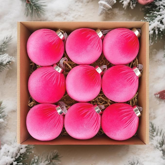 9 Pcs Pink Christmas Tree Ornaments Set, 80mm/3.15in Large Velvet Christmas Balls for Xmas Tree Decorations Shatterproof Hanging Flocked Balls Ornaments Hot Pink