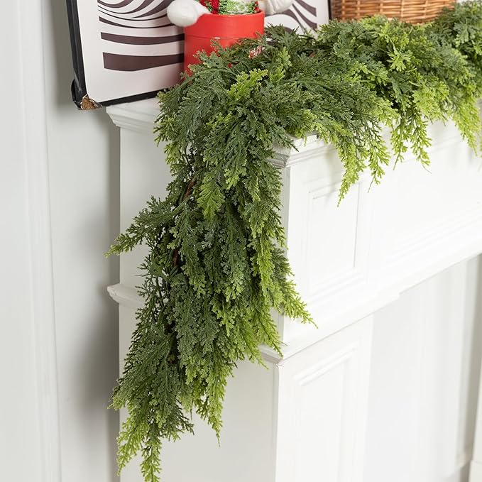 6 FT Real Touch Christmas Garland for Holiday Indoor Outdoor Decor,Cedar Garland,Cypress Garlands,Real Touch Pine Garlands,Thick and Lush for Home Dining Table Mantel Porch Christmas Decor. 