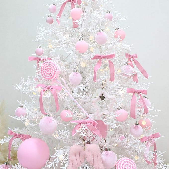 Sea Team 4-Pack Large Flocked Velvet Christmas Tree Ball Ornaments Set, Hanging Velour Baubles, Shatterproof Plastic Decorations for Xmas Tree, Wreath, Garland, 150mm/5.91 Inches, Pink