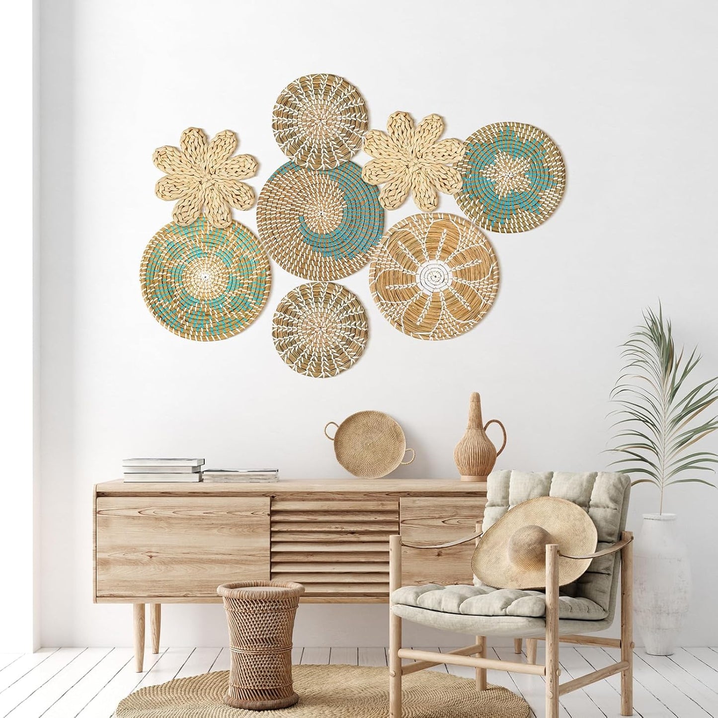 Xuhal Set of 8 Hanging Woven Wall Basket Handmade Decorative Rustic Boho Basket Decor Handcrafted Wicker Round Seagrass Wall Art for Home Kitchen Farmhouse Table Living Room