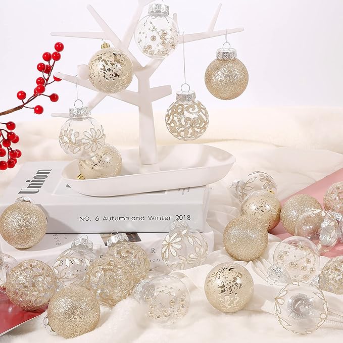 60mm/2.36inch Clear Christmas Ornaments Set, 30ct Champagne Christmas Ornaments Balls for Christmas Tree Decorations Shatterproof Transparent Baubles with Stuffed Decoration for Xmas Wedding Party