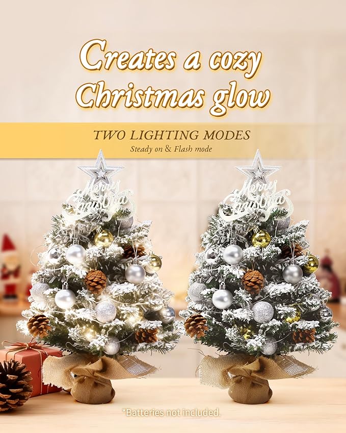 Mini Christmas Tree,21 inch Prelit Christmas Trees,Small Christmas Tree with Lights,Table Top Xmas Tree with Star Treetop and Hanging Ornament,Christmas Decorations Indoor for Home, Office, Holiday