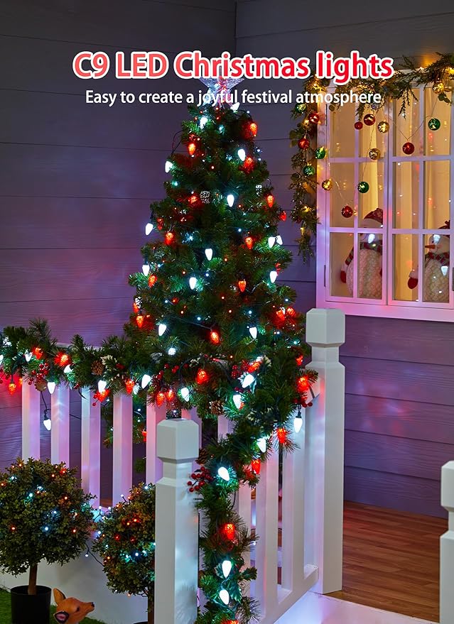 C9 LED Christmas Lights Outdoor, 81 Feet 100 LED String With Timer & 8 Light Mode, Waterproof Commercial Grade Christmas Tree for Outside Indoor Roofline Patio, Red & Pure White 2 Pack