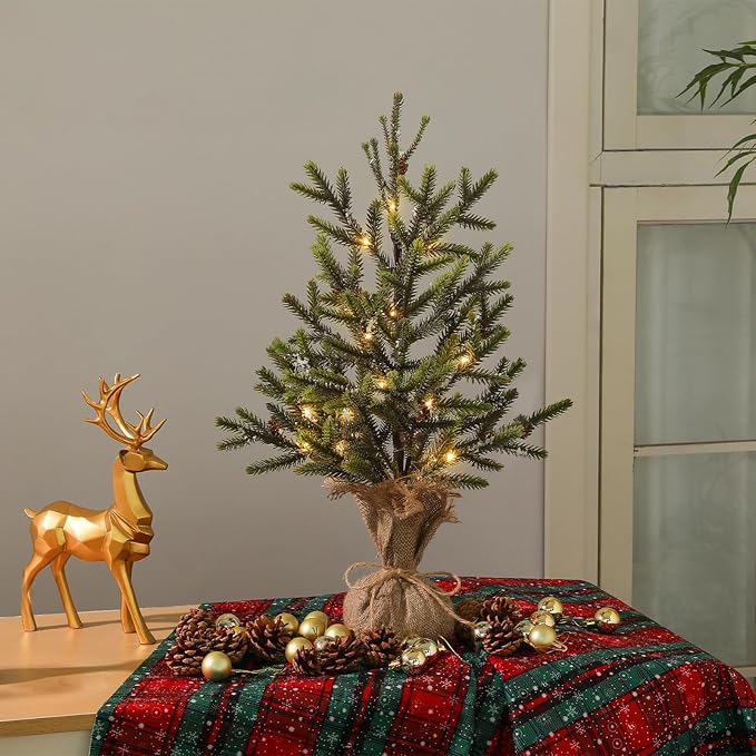 22" Mini Christmas Tree, Small Artificial Tabletop Snow Flocked Christmas Trees Decor with Lights, Outdoor Indoor Porch Table Centerpieces Xmas Christmas Decorations