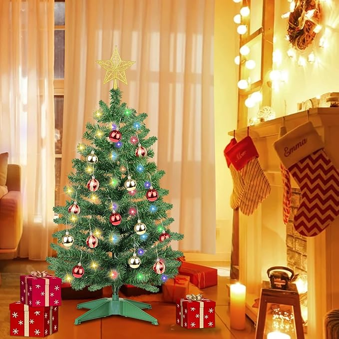 3 Feet Green Premium Christmas Tree 12 Modes Dual Color Change Timer DIY 50 Warm White & Multicolor Lights Star 15 Ball Ornaments Battery Operated Small Artificial Full Xmas Tree Table Home Indoor