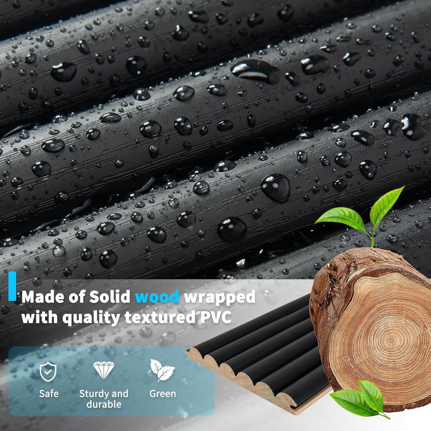 Art3d Fluted Wood Panel for Wall and Ceiling, Beaded Accent molding for Home Decoration, Pack of 4pcs + 1pc End-Trim, Size 108 x 5.7in.- Beaded Black