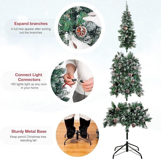 Homde Pencil Christmas Tree 5 Foot Pre-Lit Artificial Christmas Tree with Flocked Snow Pine Cone 140 Warm White Light Holiday Decor