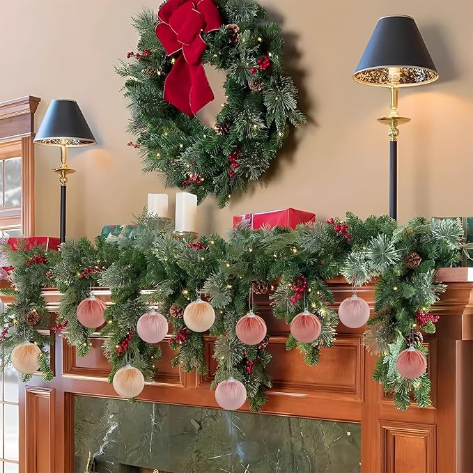 Woration 9pcs Velvet Fabric Christmas Decoration Balls 2.36inch Xmas Hanging Ornaments Assorted Light Color Balls for Garlands Tree Wedding Party