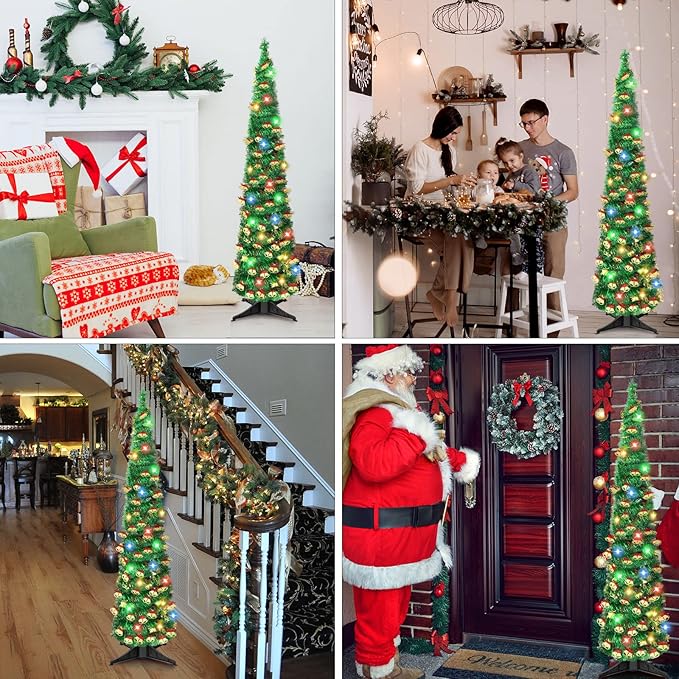 5 FT Pencil Christmas Tree with 90 Colorful Lights, Collapsible Artificial Sequin Pop Up Christmas Tree, Skinny Pencil Tinsel Christmas Trees, Xmas Tree for Home Apartment Basement Fireplace