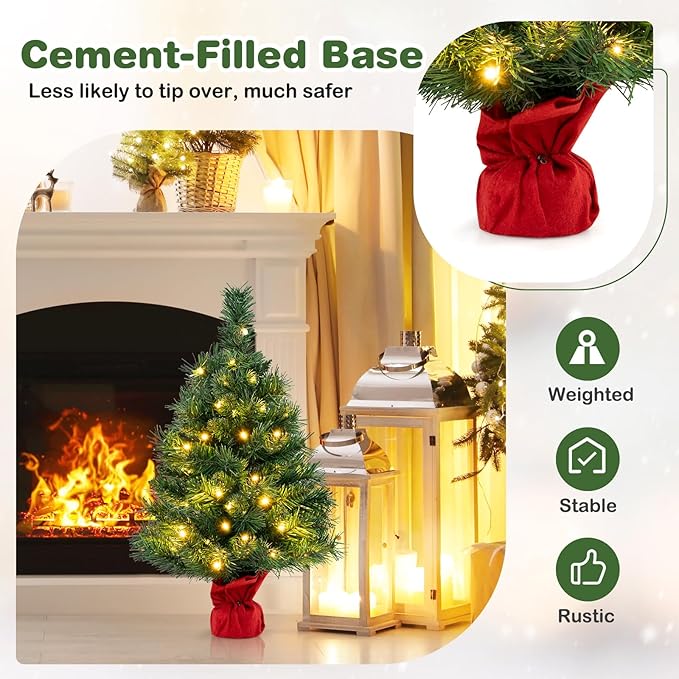 HAPPYGRILL 2FT Small Prelit Christmas Tree, Mini Tabletop Battery Operated Artificial Xmas Tree w/35 LED Lights, 71 Tips & Solid Cement Base, Christmas Spruce Fir Decoration for Fireplace Home Office