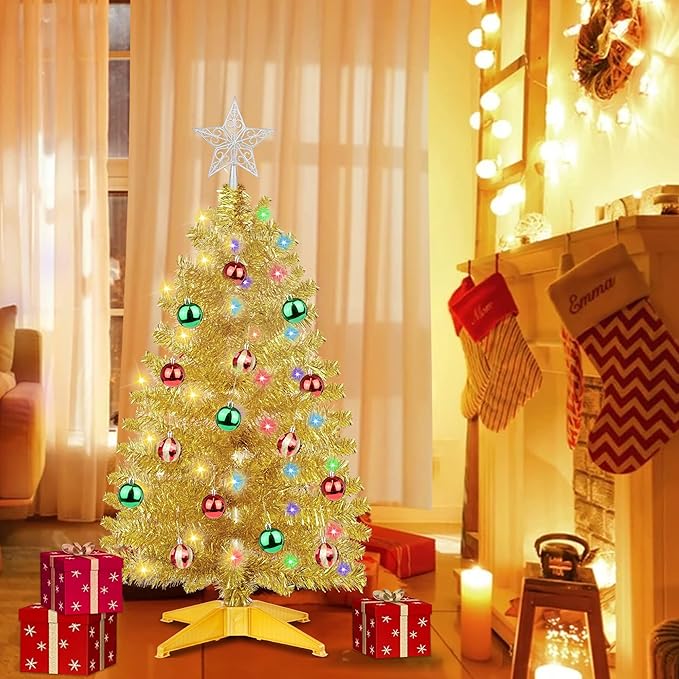 3 Ft Gold Tinsel Christmas Tree Dual Color Change 12 Modes Timer DIY 50 Warm White & Multicolor Lights Star 15 Ball Ornaments Small Artificial Full Xmas Tree Battery Operated Table Home Indoor