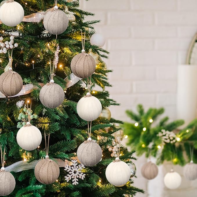 Syhood 12 Pcs Rustic Christmas Ball 2.36 Inch Neutral Farmhouse Christmas Tree Ornaments Shatterproof Hanging Cottage Burlap Fabric Textured Ball for Xmas Tree Party Garlands Wreath Home Decor