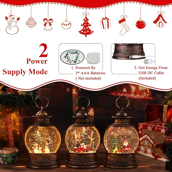 Christmas Snow Globes,Swirling Music Box Christmass Trees with 8 Songs & 6H Timer,Battery Operated & USB Powered Christmas Lanterns for Indoor Holiday Table Party Gifts