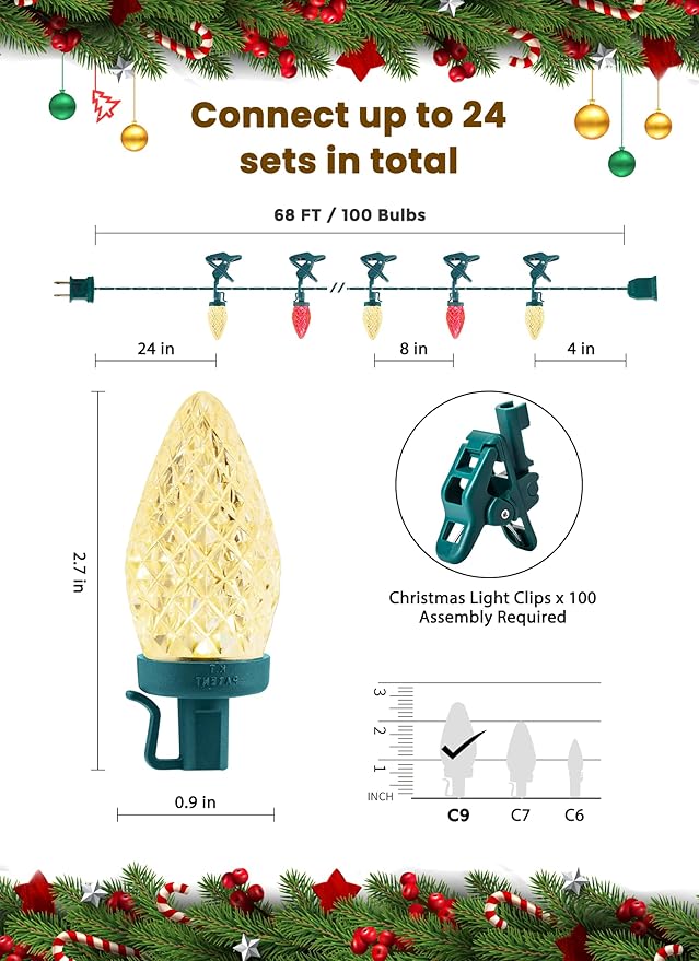 C9 LED Christmas Lights Outdoor, 66 Feet 100 LED C9 String Light with 100 Spring Clips, Waterproof Connectable Christmas Tree Lights for Outside Roofline Patio Home Xmas Decor, Red & Warm White