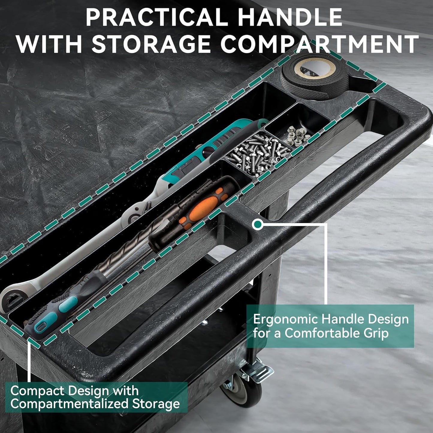 YITAHOME Utility Cart on Wheels, 550 lbs Capacity, 45 x 25 Inch Rolling Work Carts with Wheels, 2 Shelf Heavy Duty Plastic Service Cart Suitable for Warehouse, Garage, School & Office, Cleaning, Black