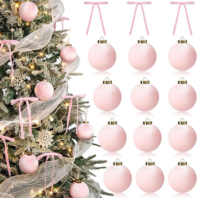 24 Pack Velvet Christmas Ornaments Balls for Tree, 12 Pcs 3.15 Inch Large Velvet Christmas Balls and 12 Pcs Vintage Bows for Xmas Tree Garland Wreath Holiday Party Indoor Home Decor
