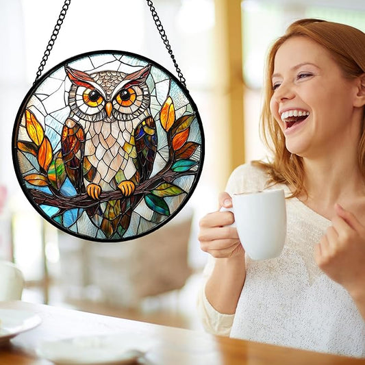 Stained Glass Window Hanging, Owl Colorful Leaves Birds Sun Catchers Diamond Glass Panel Hangings Suncatcher Decor for Birthday for Women, Men, Wife, Aunt, and Mom 14.9x14.9 in