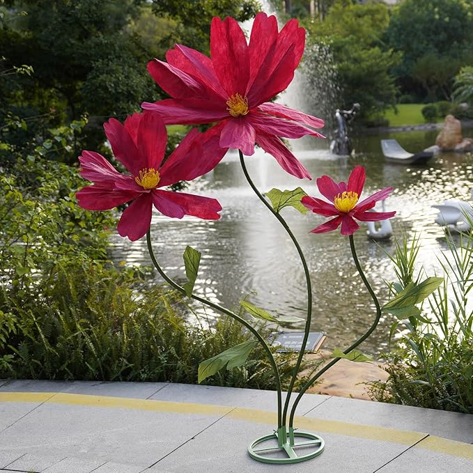 Artificial Giant Flowers for Decoration,Large Paper Daisies Flowers with Stems and Stands Base,Big Flower Decor for Wedding Birthday Party Garden, Party Banquet Background Decor (red)