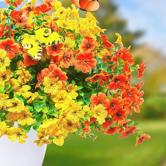 20 Bundles Artificial Flowers for Outdoors with 6 Faux Butterflies, UV Resistant Fake Flowers with Eucalyptus Leaves, Artificial Plants Outdoor for Patio Garden Porch Home Decor (Orange Yellow)