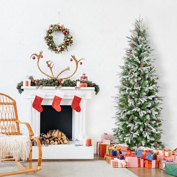 GOFLAME 6 FT Pre-Lit Pencil Christmas Tree Snow Flocked, Slim Artificial Xmas Tree with 671 Branch Tips, 280 LED Lights, 60 Natural Pine Cones, Hinged Holiday Decoration Tree for Home Office