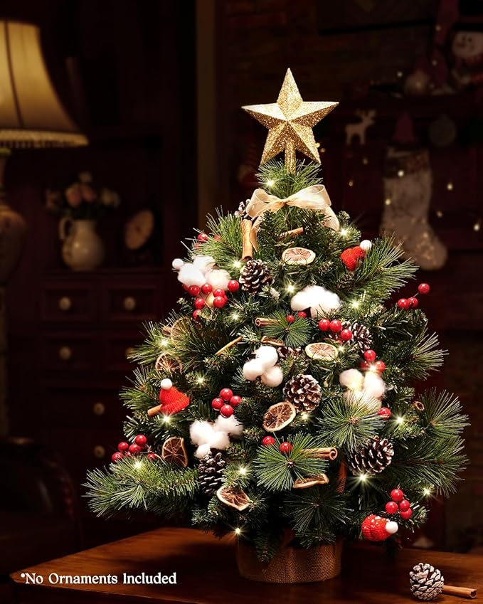 2ft Tabletop Pre-lit Christmas Tree with Star Treetop, Clear LED Lights, Artificial Xmas with Burlap Base for Table Desk Home Decor
