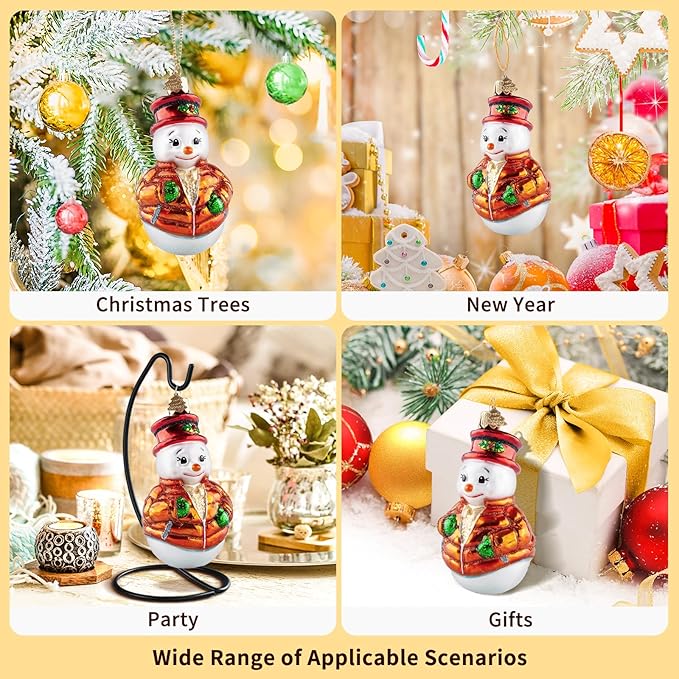 Snowman Christmas Ornaments,Blown Glass Ornaments for Christmas Tree,Leaf Hat Snowman Collection Figurine Hanging Ornament,Christmas Decorations for Xmas Tree Birthday Party Home Gifts